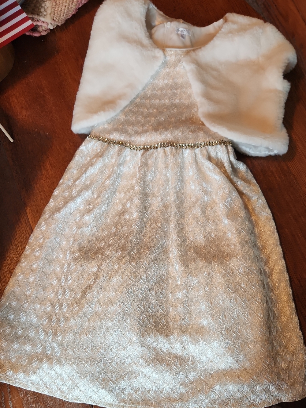 Tahari Ivory Metallic Party Dress with Faux Fur Bolero